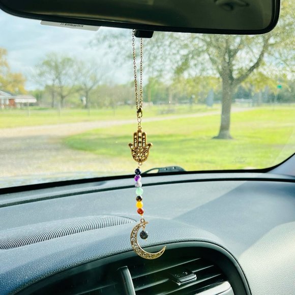 Handmade 7 Chakra Car Ornament Charm Moon Hamsa Natural Stone Protection Balance - Picture 2 of 11